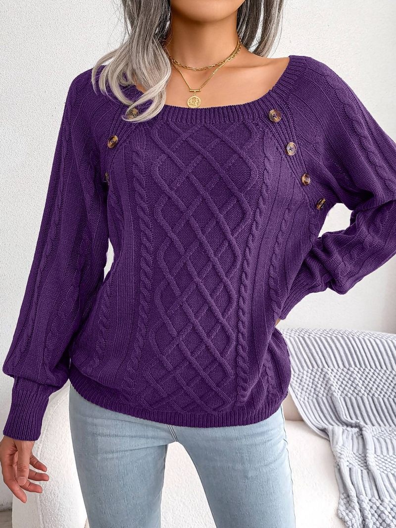 Womens Autumn Winter Cable Knit Sweater Solid Color Square Neck Buttons Long Sleeve Ribbed Knitted Pullover Loose Jumpers Tops_voghion.com