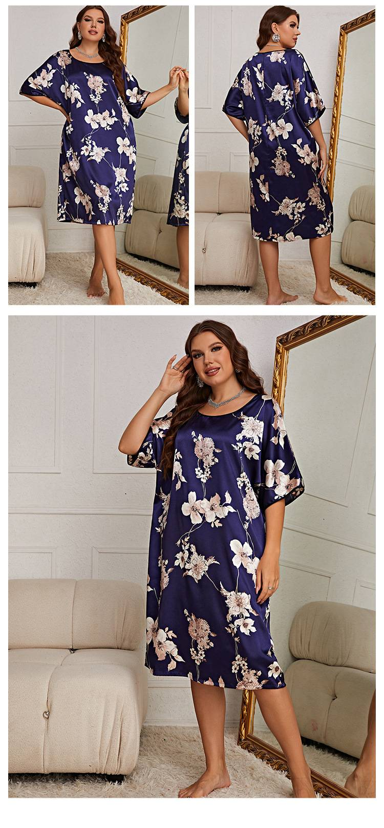 Piżamy damskie plus-size, średniej lub długiej długości, wzorzysta sukienka typu pullover. To nowy styl odzieży domowej na lato, jedwabna i lodowa jedwabna koszula nocna._voghion.com