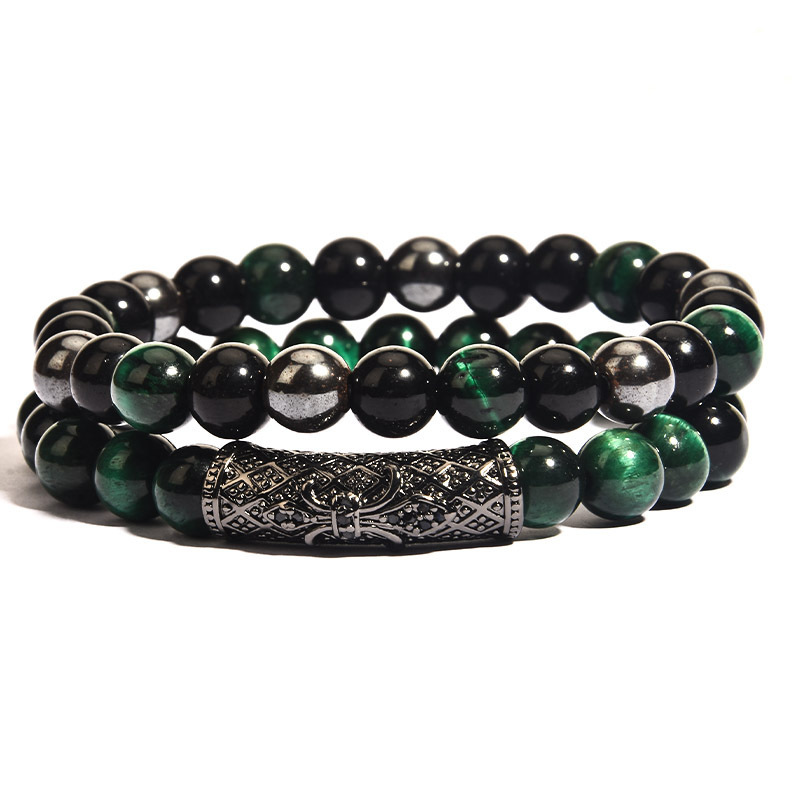 Men's Jewelry Copper Micro Inlaid Ball Micro Inlaid Curved Tube Bracelet With Diamond Agate Tiger Eye Stone Men's Set Bracelet_voghion.com