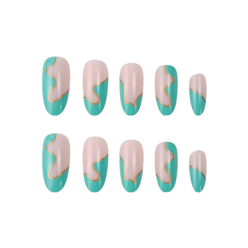 Elegantes Mintgrün & Gold Wave Press-On Nails Set - Wiederverwendbare künstliche Nägel mit Kleber & Gel-Tabs - Trendy Mandelform künstliche Nägel für Frauen_voghion.com