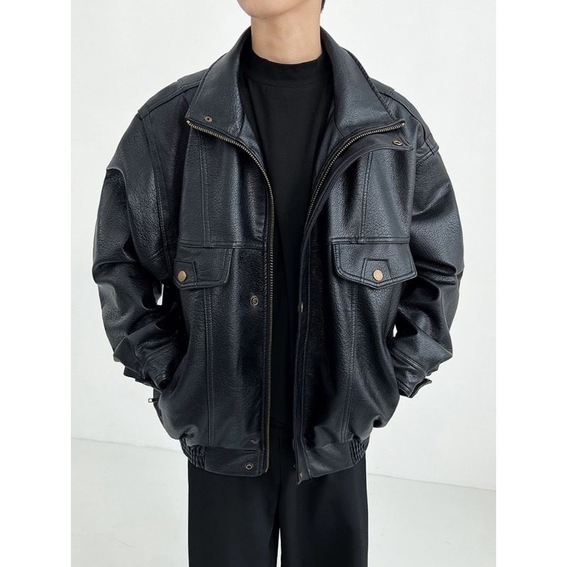 Giacca da motociclista vintage da uomo - Bomber retrò in similpelle, vestibilità ampia, finitura anticata (5 taglie, chiusura con cerniera, nero classico)_voghion.com