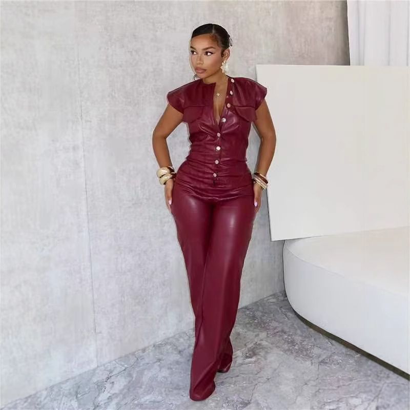 Women's PU Leather Sleeveless Jumpsuit – Slim-Fit High-Waisted Romper With Belt Detail (Crimson, S-2XL)_voghion.com