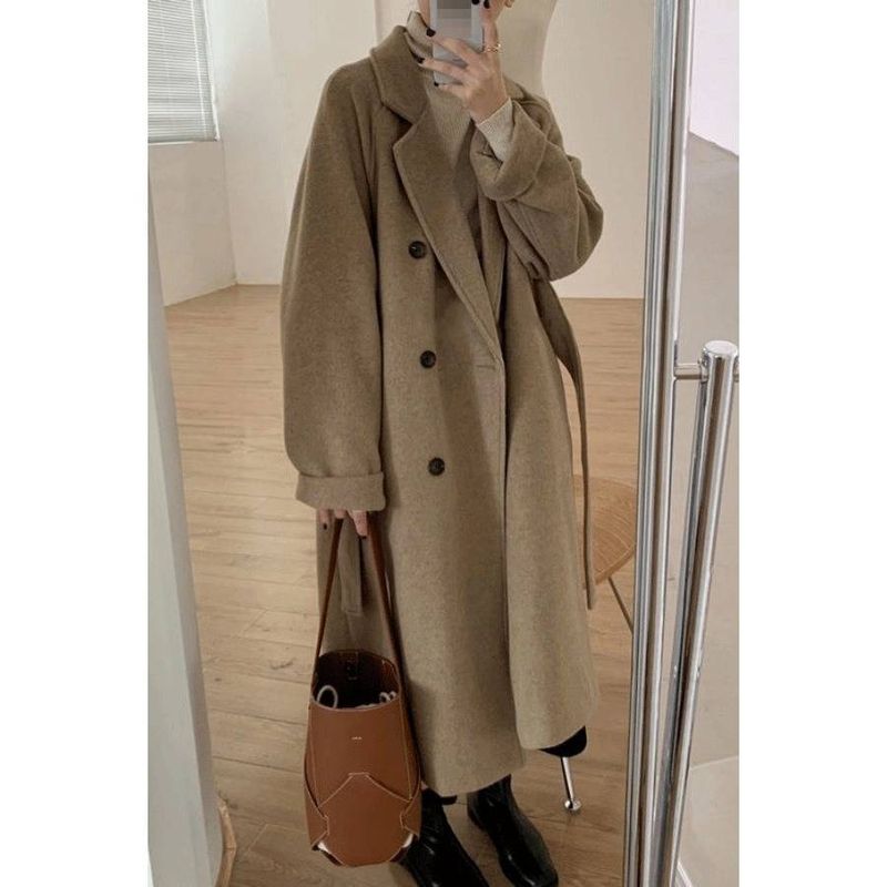 Women's Elegant Chenille Trench Coat – Audrey Hepburn-Inspired Short Wool Coat With Belt (Black/Coffee)_voghion.com