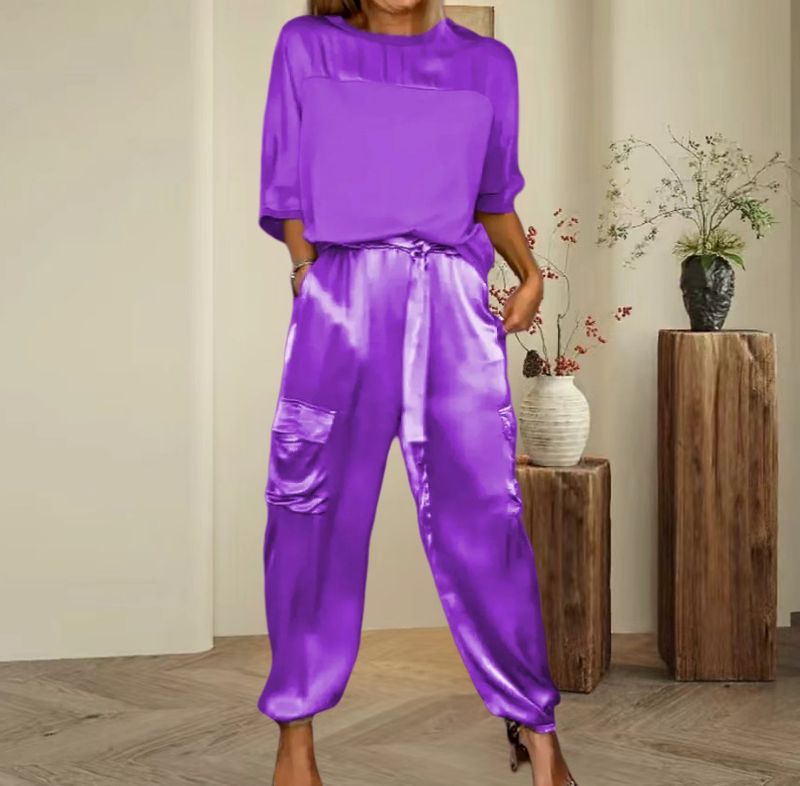 Top a maniche corte in raso da donna alla moda e abito a due pezzi con tasca per pantaloni_voghion.com
