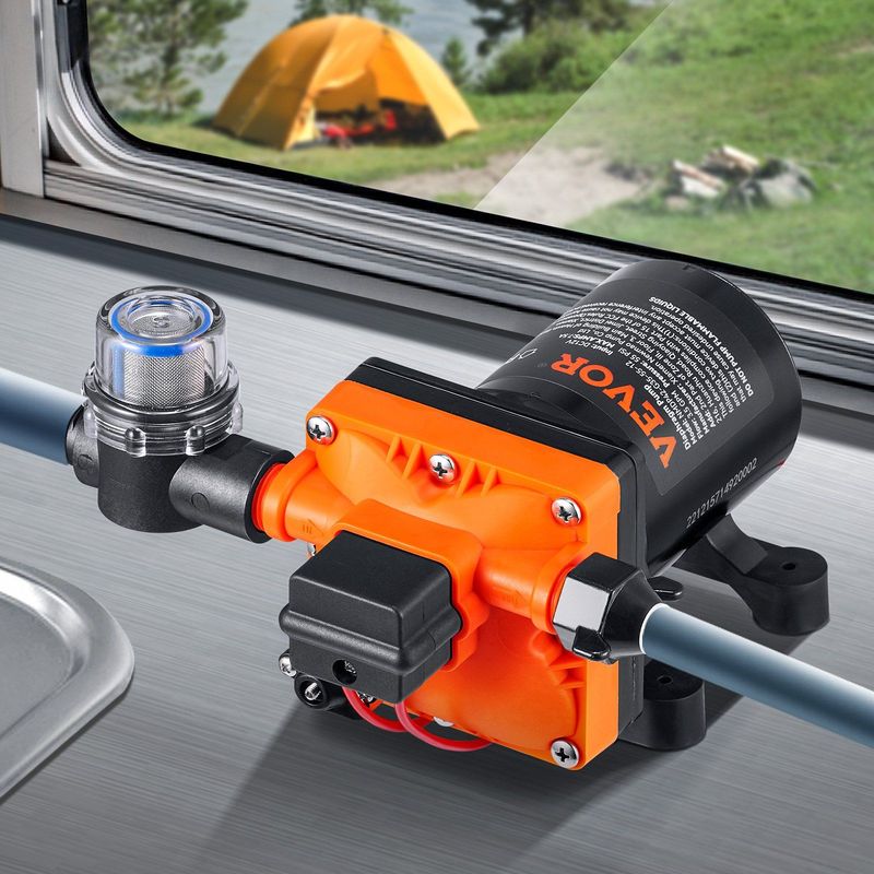 VEVOR Water Diaphragm Pump, 12V DC, 3.5 GPM Flow, 55 PSI Rated Pressure (40-80 PSI Adjustable), 1/2" MNPT Self Priming Sprayer Pump With Pressure Switch For RV Camper Marine Boat Lawn, FCC Certified_voghion.com