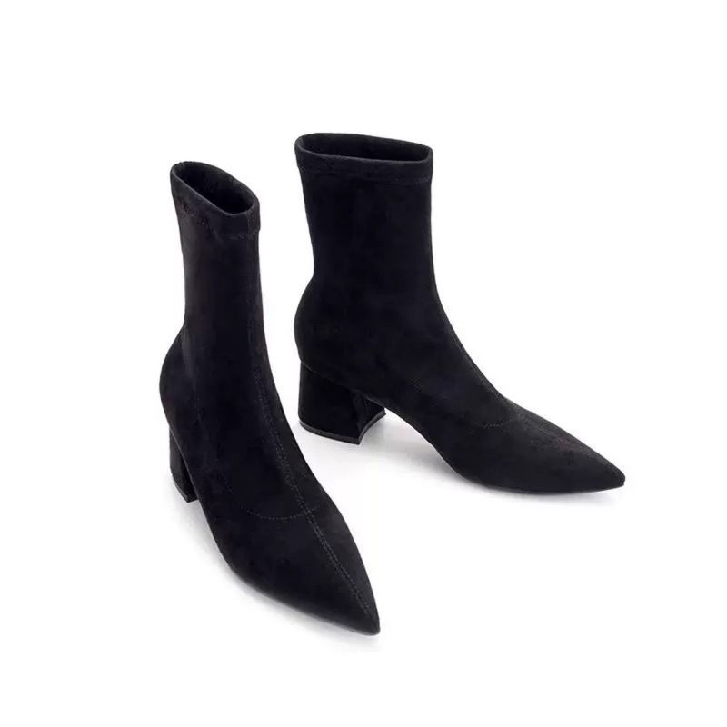 MTX Autumn Winter New Martin High Medium Thick Heel Suede Fashion Pointed Toe Slimming Versatile Back Zipper Short Boots_voghion.com