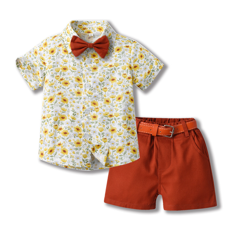 Kinderkleidung, Sommer-Kinderrevers, Baumwollhemd, Schleife, kurzärmlige Strickjacke, Jungen-Shorts, zweiteiliges Set_voghion.com