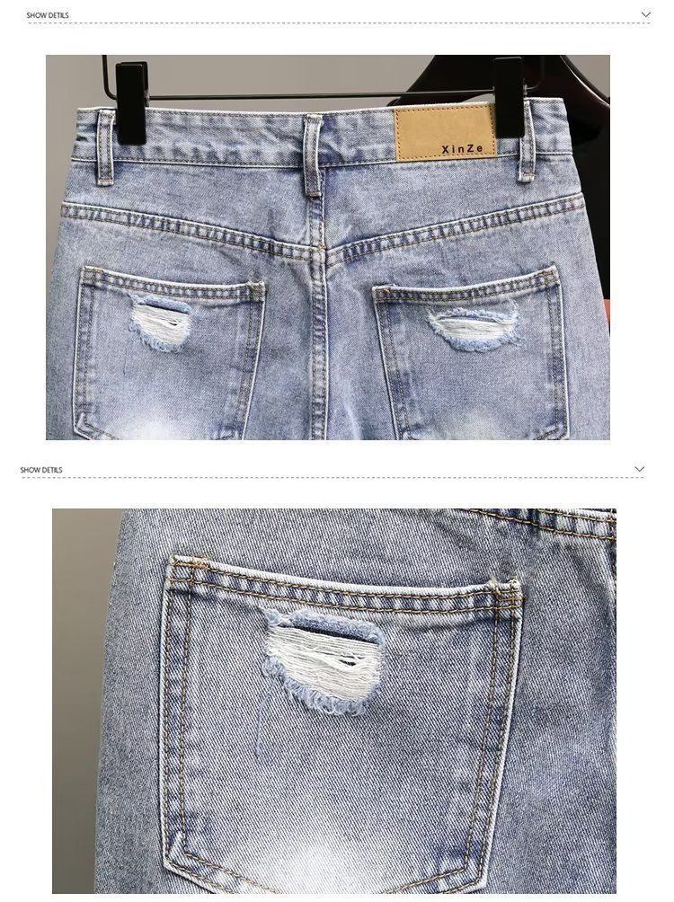 Herrenbekleidung Sommer Hellblaue zerrissene Jeansshorts Herren Trendy Brand Zerrissene Taschen Schlanke gerade Bettlerhose mit fünf Punkten_voghion.com