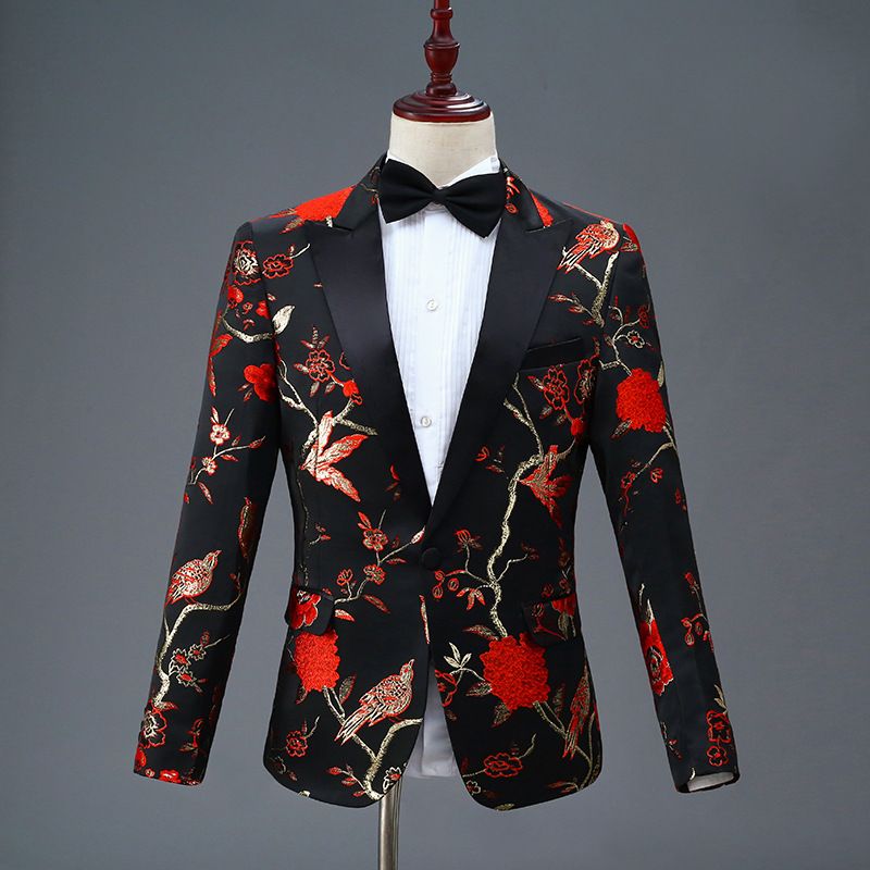 CT New Black Embroidered Men's Single-Breasted Suit Set For Stage Performance Host Costume_voghion.com