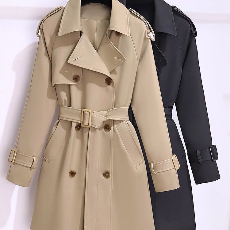 Klassieke trenchcoat voor dames, voor kleine vrouwen - Britse stijl, middellange jas met inkeping in de kraag en knoopdetail (kaki/zwart)_voghion.com
