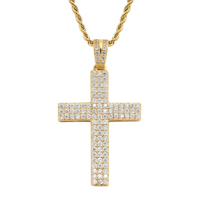 Collar con colgante de cruz de circonita de tres filas para hombre, estilo hip hop, accesorios populares de hip hop de moda para hombre._voghion.com