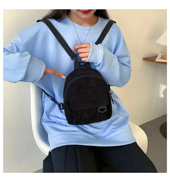 Mini zaino da donna alla moda Zaini piccoli in velluto a coste tinta unita Zaini da viaggio per studenti semplici e casual_voghion.com