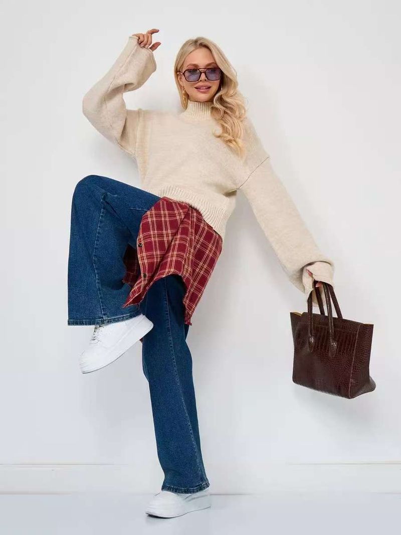 Maglione a collo alto bordeaux a maniche lunghe da donna, pullover 2025 autunno inverno, nuovo stile coreano, maglia a maniche corte svasate_voghion.com