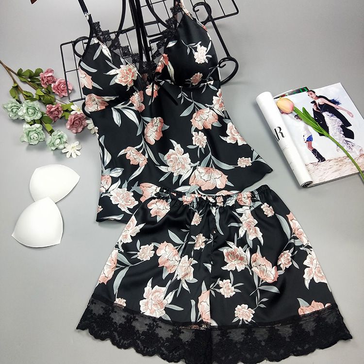 Zweiteiliges Pyjama-Set aus Kunstseide mit ultralangem, sexy Home-Print_voghion.com