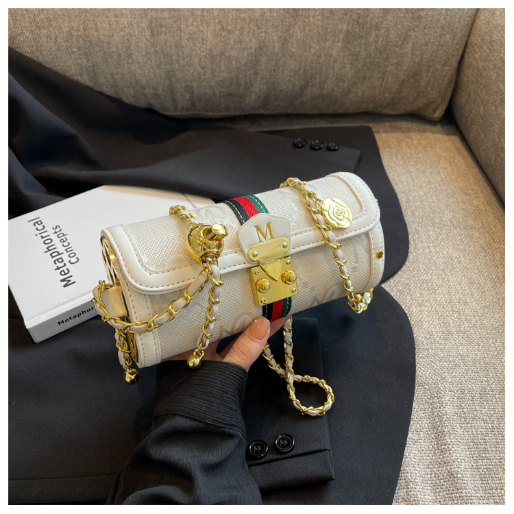Advanced Women's Small Bag French Chain Shoulder Bag Versatile Spliced Leather Crossbody Cylinder Bag_voghion.com