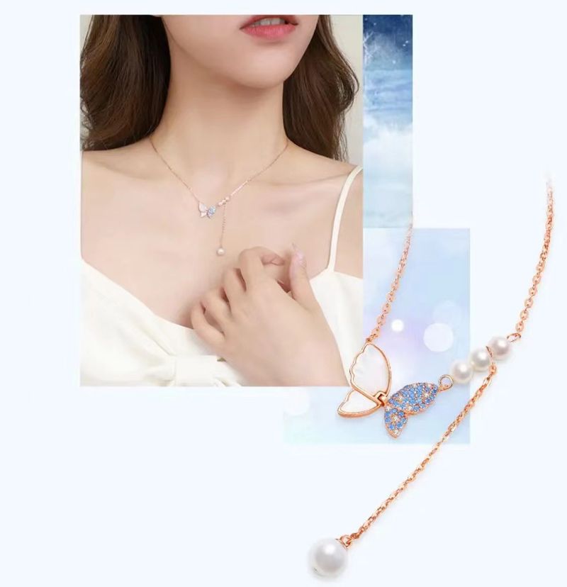 S sterling zilveren vlinder met fladderende vleugels ketting voor vrouwelijk niche-ontwerp, lichte luxe natuurlijke moeder schelp_voghion.com