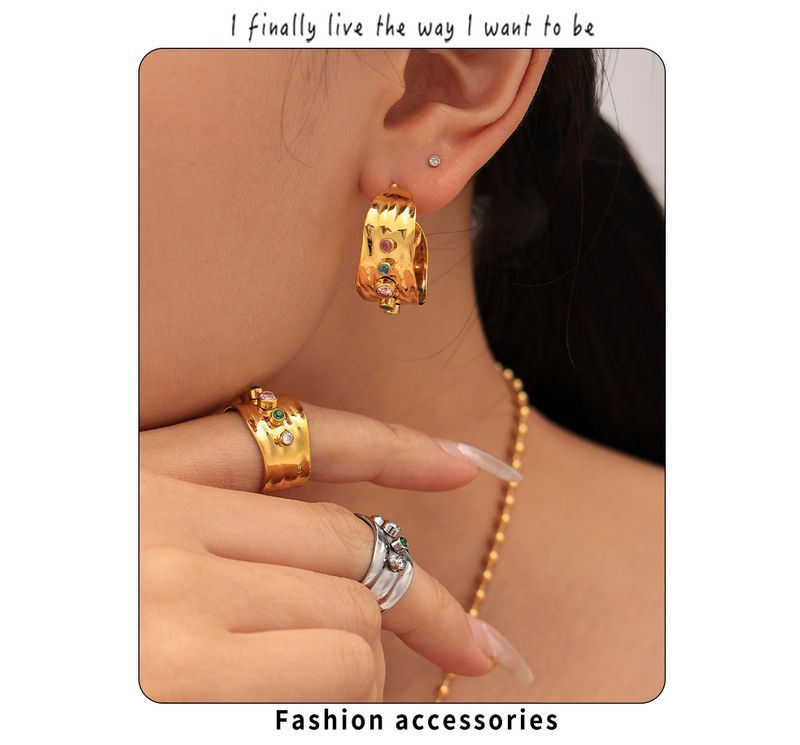 Mixed Zircon Open Ring C Shaped Earrings Stainless Steel Plated Real Gold Color Preserving Jewelry Set_voghion.com