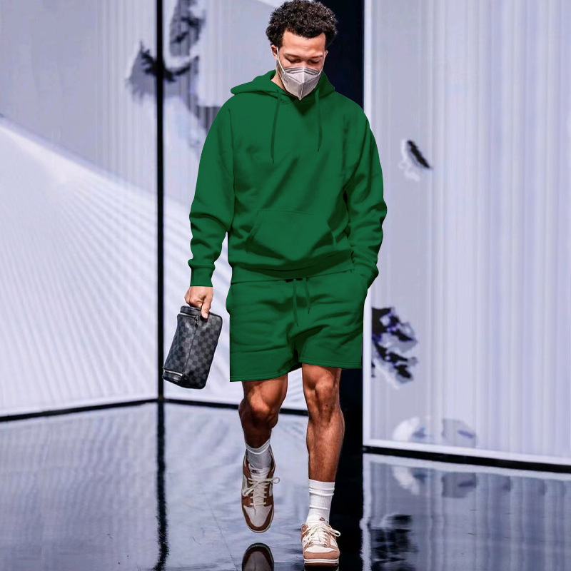 Streetwear männer Zwei Stück Sets Hoodie Langarm Einfarbig Fleece Trainingsanzüge Mit Kapuze Sweatshirt Und Shorts Anzüge Männer Outfits_voghion.com