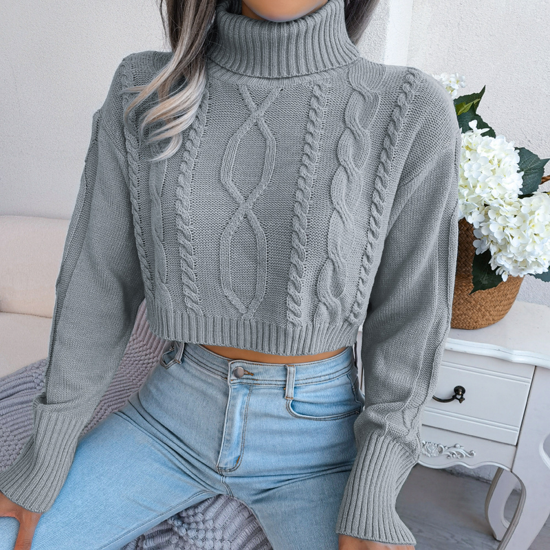Maglione da donna a maniche lunghe a collo alto corto in tinta unita lavorato a maglia a coste, casual, morbido e ampio_voghion.com