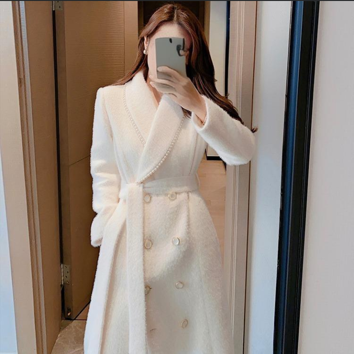 Damenbekleidung Weißer Wollmantel für Damen Herbst und Winter neuer mittellanger Wollmantel_voghion.com