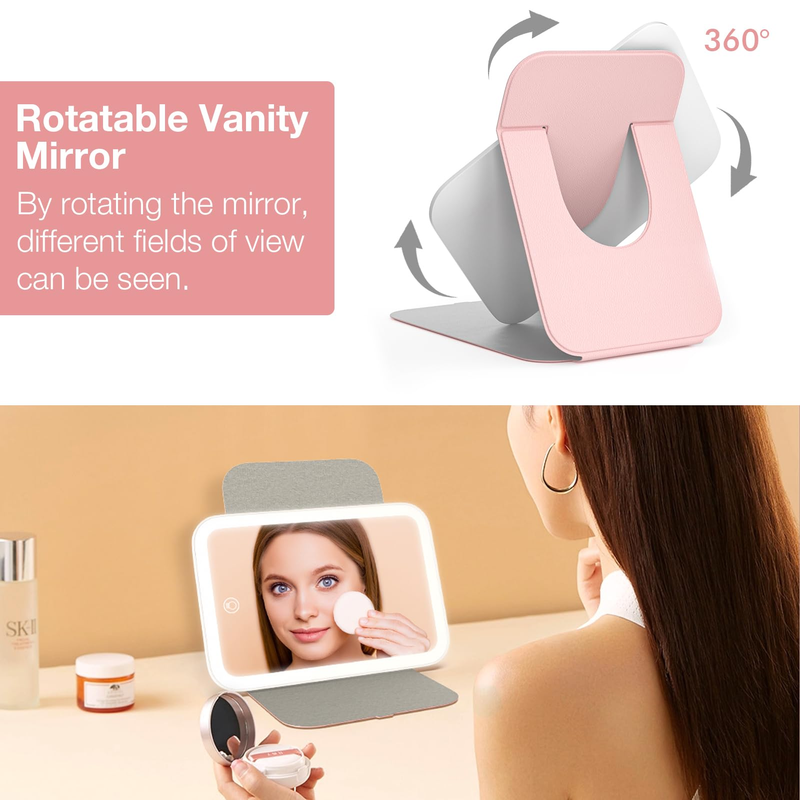 Espejo de maquillaje de viaje, portátil, con luz LED, regulable en 3 colores, recargable, plegable, de sobremesa._voghion.com