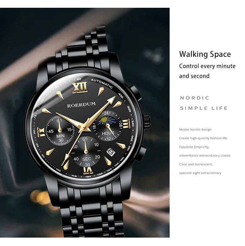 ROERDUM Cool Play Series - Quartz Movement,Stainless Steel Bracelet,Black Dial,Casual & Stylish Men's Watch_voghion.com