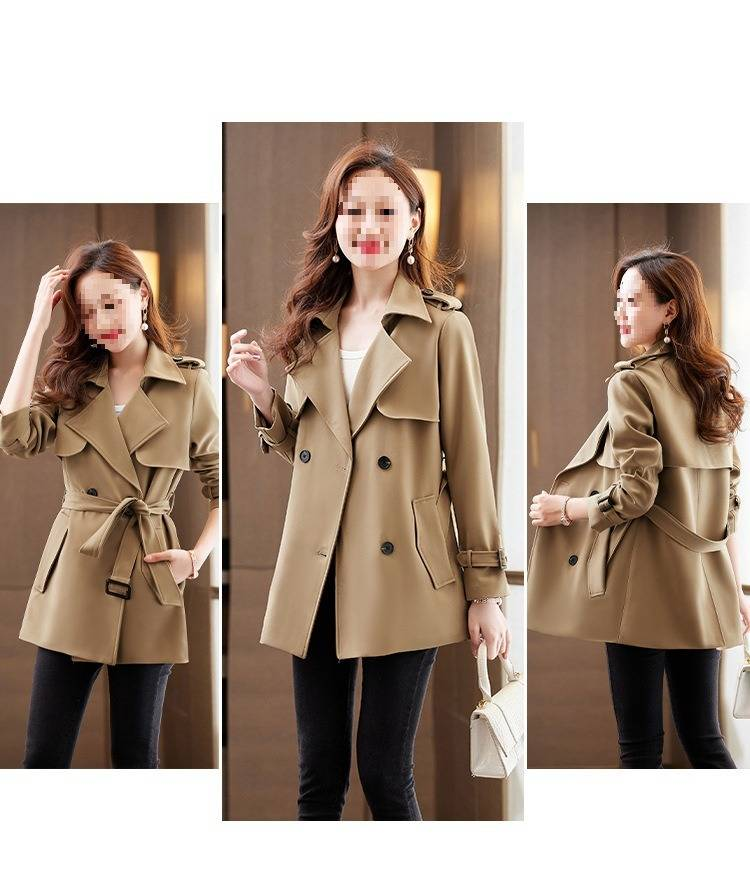 Elegante, door Audrey Hepburn geïnspireerde trenchcoat voor dames – klassieke Britse stijl, slim fit, lange mouwen, dubbele rij knopen (kaki, zwart)_voghion.com