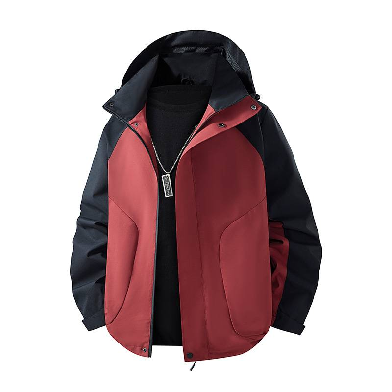 Men's Retro Cargo Jacket – Lightweight Windbreaker With Contrast Panels, Hooded Streetwear Coat (Black/Khaki-Gray/Burgundy-Black, M-5XL)_voghion.com