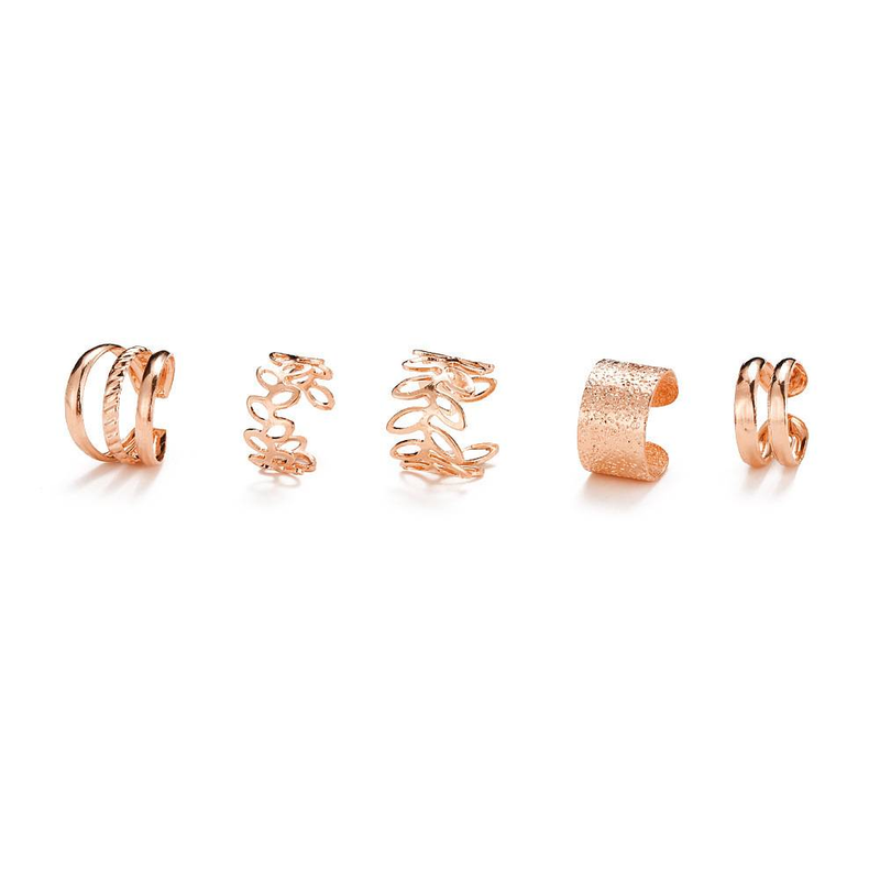 5-Piece Stackable C-Shaped Ear Cuffs Set - Non-Piercing Cartilage Earrings For Women, Geometric Hollow Design, Hypoallergenic Zinc Alloy_voghion.com