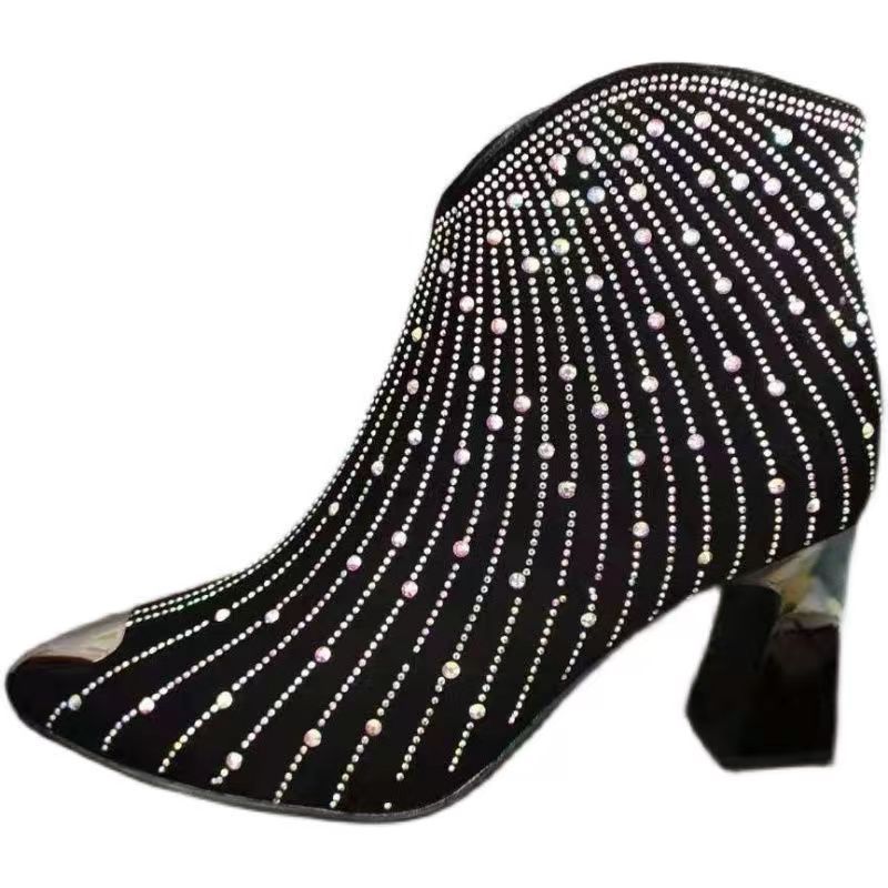 2025 Women's Autumn/Winter New Water Diamond Short Boots With Velvet Pointed Crystal High Heels, Fashionable And Versatile For Women_voghion.com