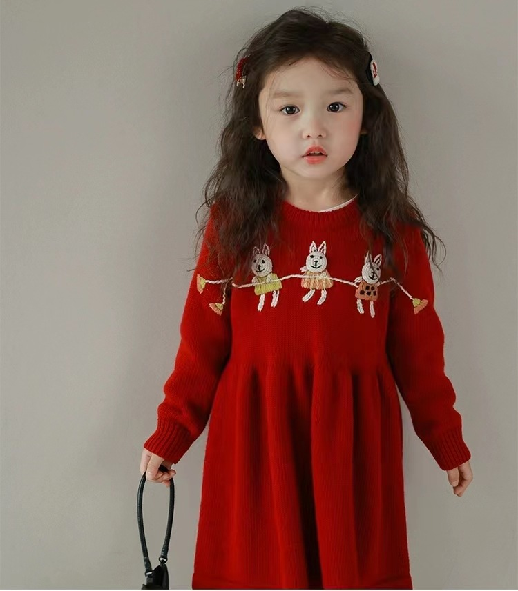 Mädchenpullover Herbst/Winter Neuer roter Strickrock Mädchen Baby Modisches Kaninchen handgefertigtes besticktes Wollkleid_voghion.com