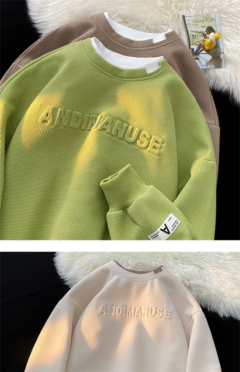 Abbigliamento maschile felpa verde tendenza uomo ins waffle cappuccio senza maniche girocollo due pezzi maglietta oversize a maniche lunghe_voghion.com
