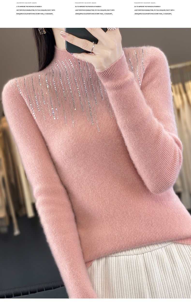 Eleganter Strickpullover Damen Halbrollkragenpullover mit Strassverzierung, Slim Fit, Andy Fleece Stoff, geometrisches Muster_voghion.com