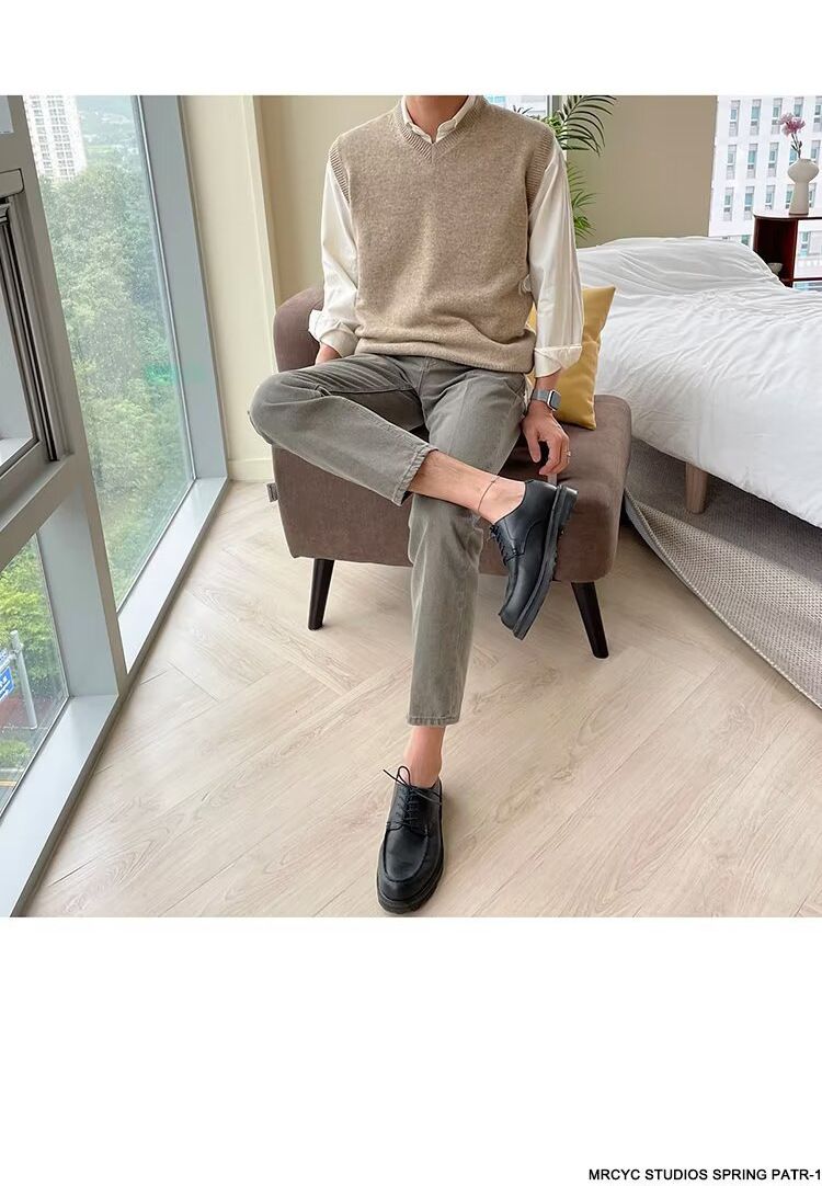 Maglione lavorato a maglia senza maniche, tinta unita, gilet da uomo, scollo a V, maglietta base alla moda_voghion.com