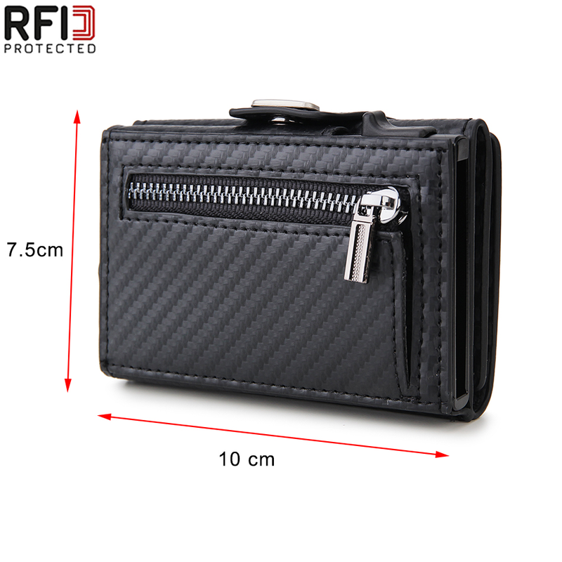 Dienqi carteira masculina de fibra de carbono, carteira pequena com três dobras em couro preto e mágico, bolsa pequena para dinheiro_voghion.com