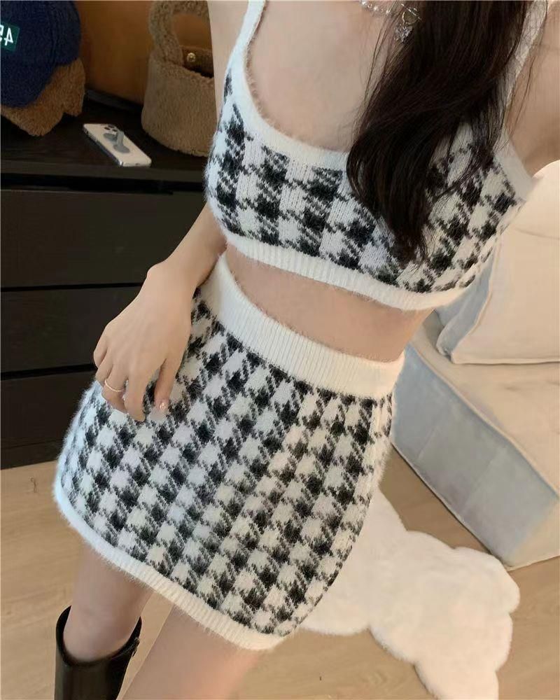 2024 Xiaoxiangfeng Tausend-Vogel-Gitter für Damen, klein und stylisch, Strickoberteil, Halbrock, dreiteiliges Set_voghion.com