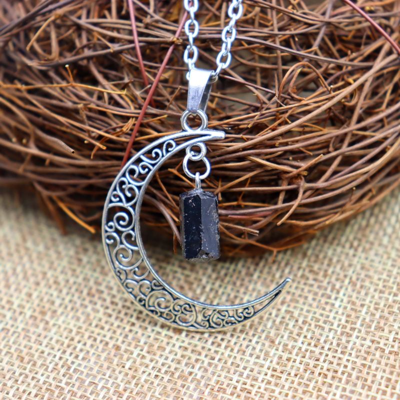 Retro Black Tourmaline & Amethyst Crystal Necklace - Starry Sky Moon Pendant With Natural Stone Sweater Chain_voghion.com