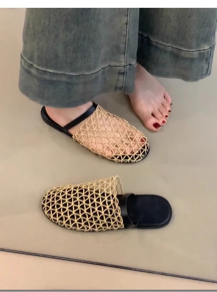 Damenschuhe Gewebtes Mesh Hohle Oberbekleidung Strandlochschuhe Damen Französische Halbschuhe mit einem Riemen und geschlossener Spitze_voghion.com