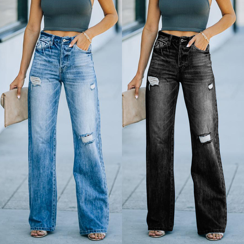 Vêtements pour femmes Jeans Mode féminine Délavé Trous déchirés Pantalons en denim à jambe large amincissants_voghion.com