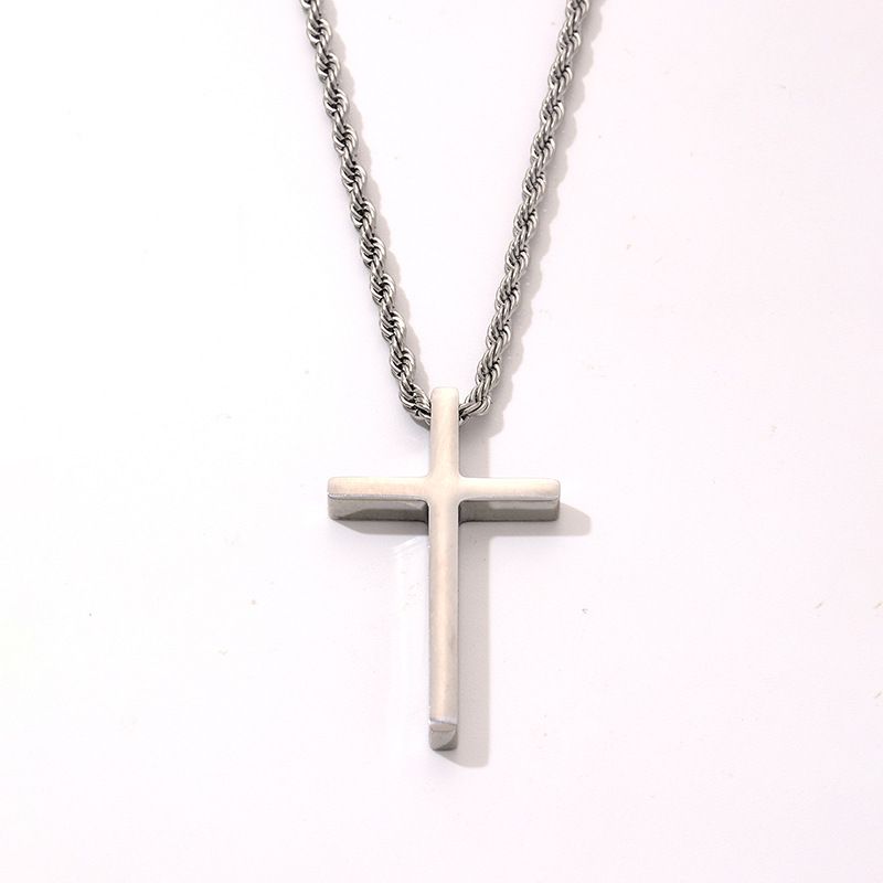 Simples titânio aço brilhante cruz colar masculino estilo hip hop all-match suéter corrente pingente_voghion.com