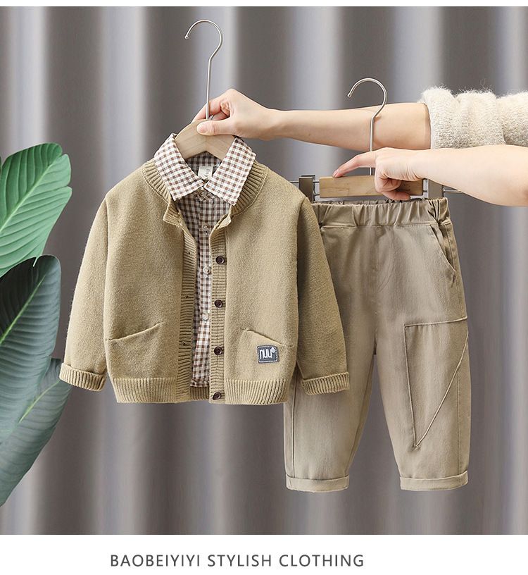 Conjunto de 3 piezas para niño 2024: camisa, cárdigan y pantalón de algodón estilo coreano. Moderno y cómodo para primavera/otoño (90-140 cm)._voghion.com