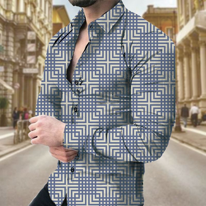Camicie a maniche lunghe stampate con geometrie per il tempo libero, primavera e autunno 2024, di qualità imbattibile, da uomo_voghion.com