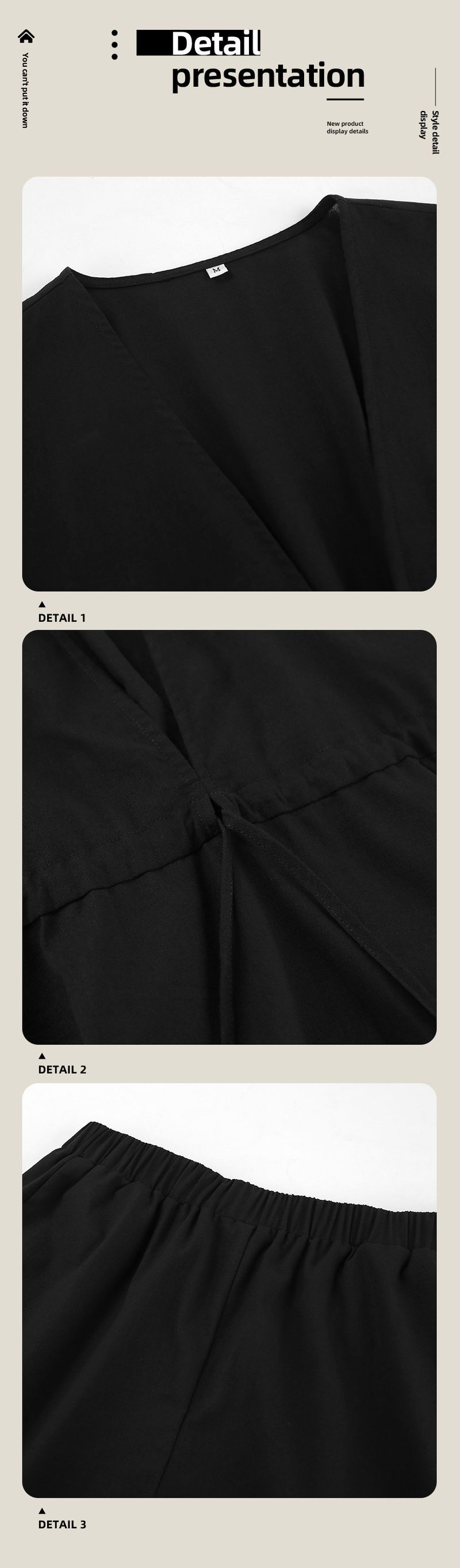 Completo da donna in due pezzi, stile casual per le vacanze estive 2025, in cotone e lino nero, con top a maniche lunghe e pantaloncini._voghion.com