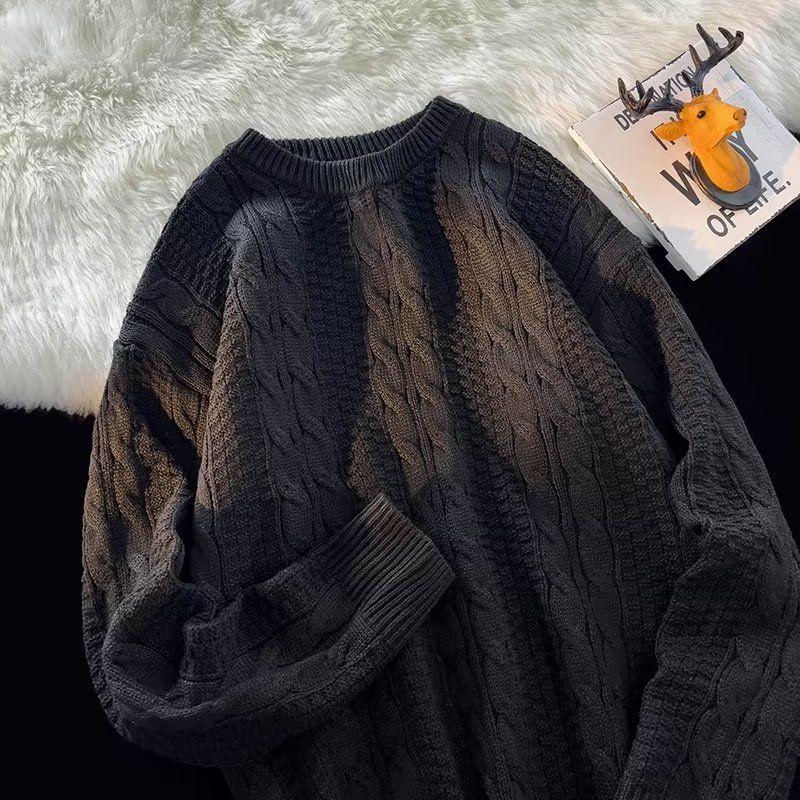 Men's Cable Knit Sweater – Oversized Streetwear With Crew Neck, Retro Textured Design & Drop Shoulder For Winter_voghion.com