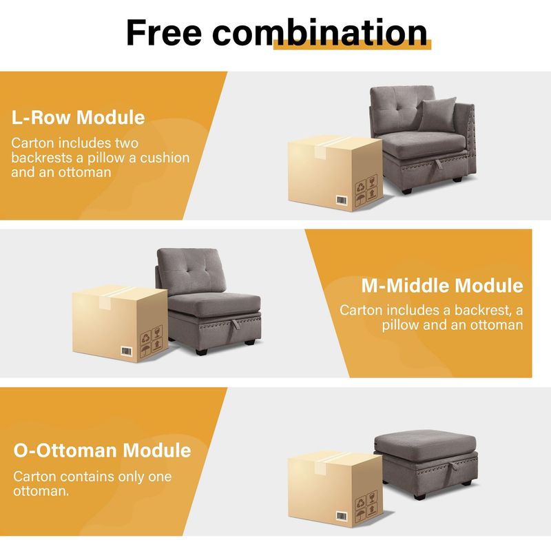 Vintage Modular Sectional Sofa, Convertible Multiple Combination Sofa Couch With Storage, Memory Foam, Vintage Copper Nail Modular Sectionals M-Middle Module GREY (1 Middle Stool)_voghion.com