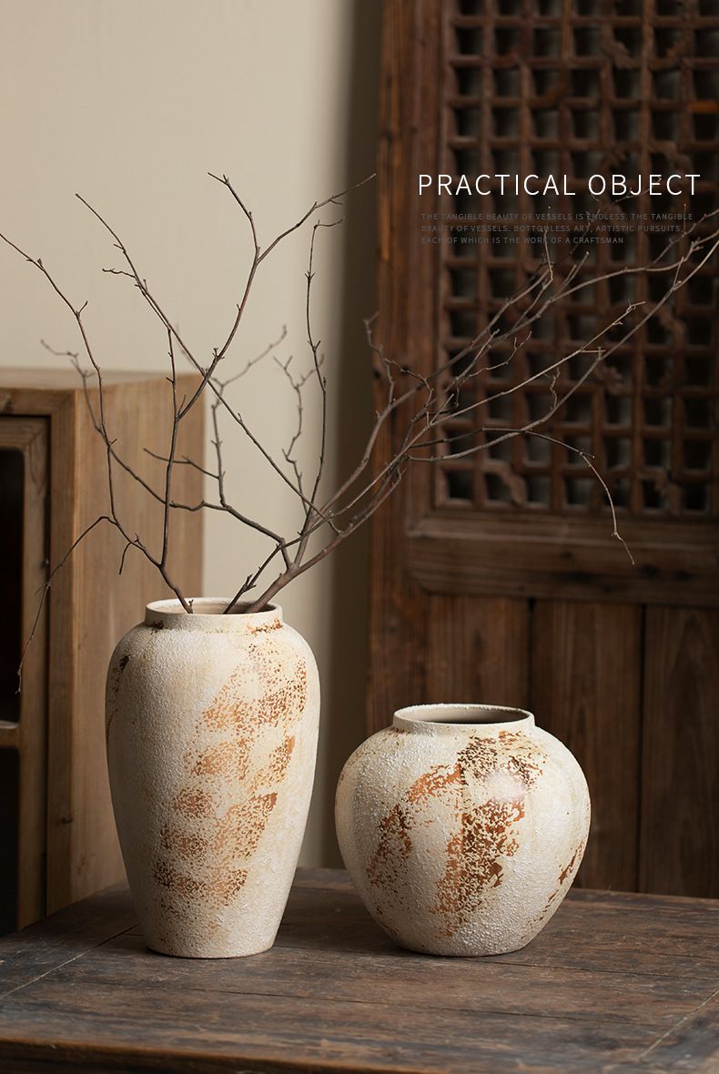 Neues Wabi-Sabi-Dekostück im chinesischen Stil, altes rustikales Gefäß im Used-Look, Blumenarrangement aus Keramik für den Eingangsbereich im Fernsehschrank_voghion.com