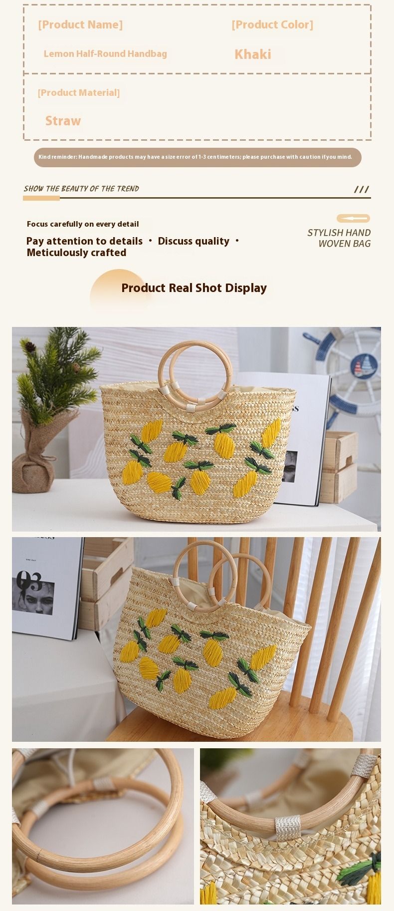 2025 New Lemon Handbag Eco-friendly Semi-round Vegetable Basket Bag Wheat Straw Weaving Handmade Embroidered Bag Market Vegetable Basket Shopping Bag_voghion.com
