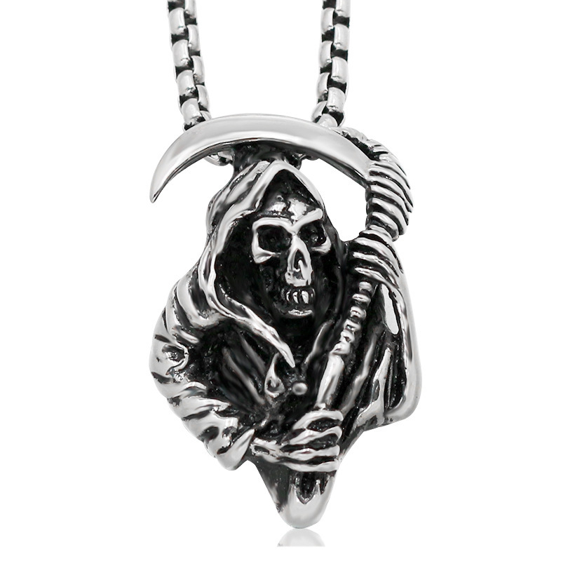 Exquisite Fashion Creative Scythe Cloak Death Skull Pendant Necklace Men Stainless Steel Retro Unique Design Jewelry_voghion.com