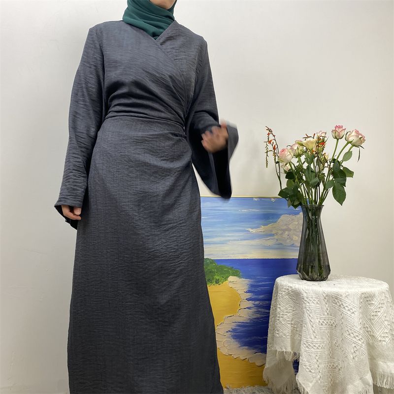 Abiti lunghi da donna in lino per le feste, abaya, musulmani, Ramadan, per l'Eid, caftano marocchino, abito nero, jalabiya, tinta unita_voghion.com