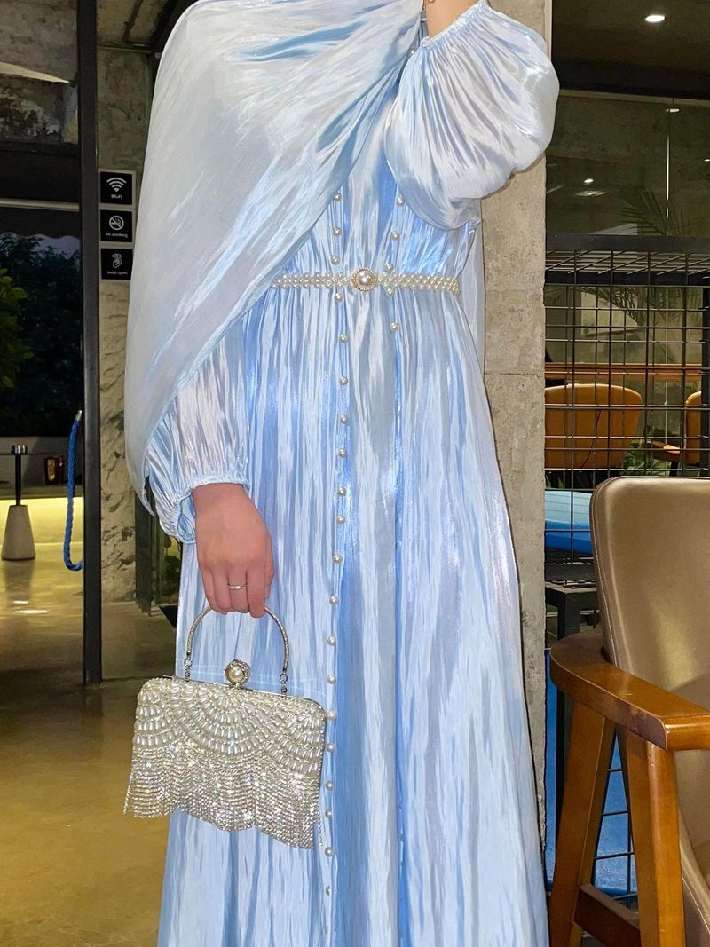 Verve Puff Sleeve Beaded Cardigan With Sleeveless Inner Two-Piece Set Flowing Sheer Long Dress_voghion.com